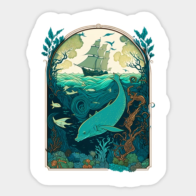 Art Nouveau Sea Fantasy Whale Of A Tale Sticker by entwithanaxe